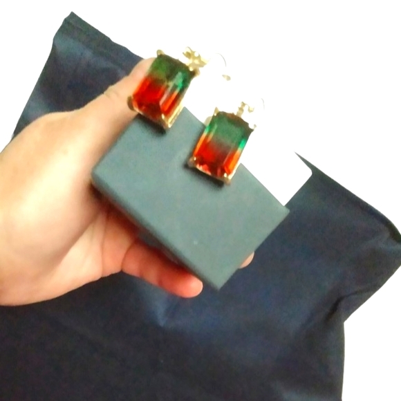 Watermelon Tourmaline Emerald Cut (simulated) Goldtone Dangle Earrings 💎 - Picture 4 of 6